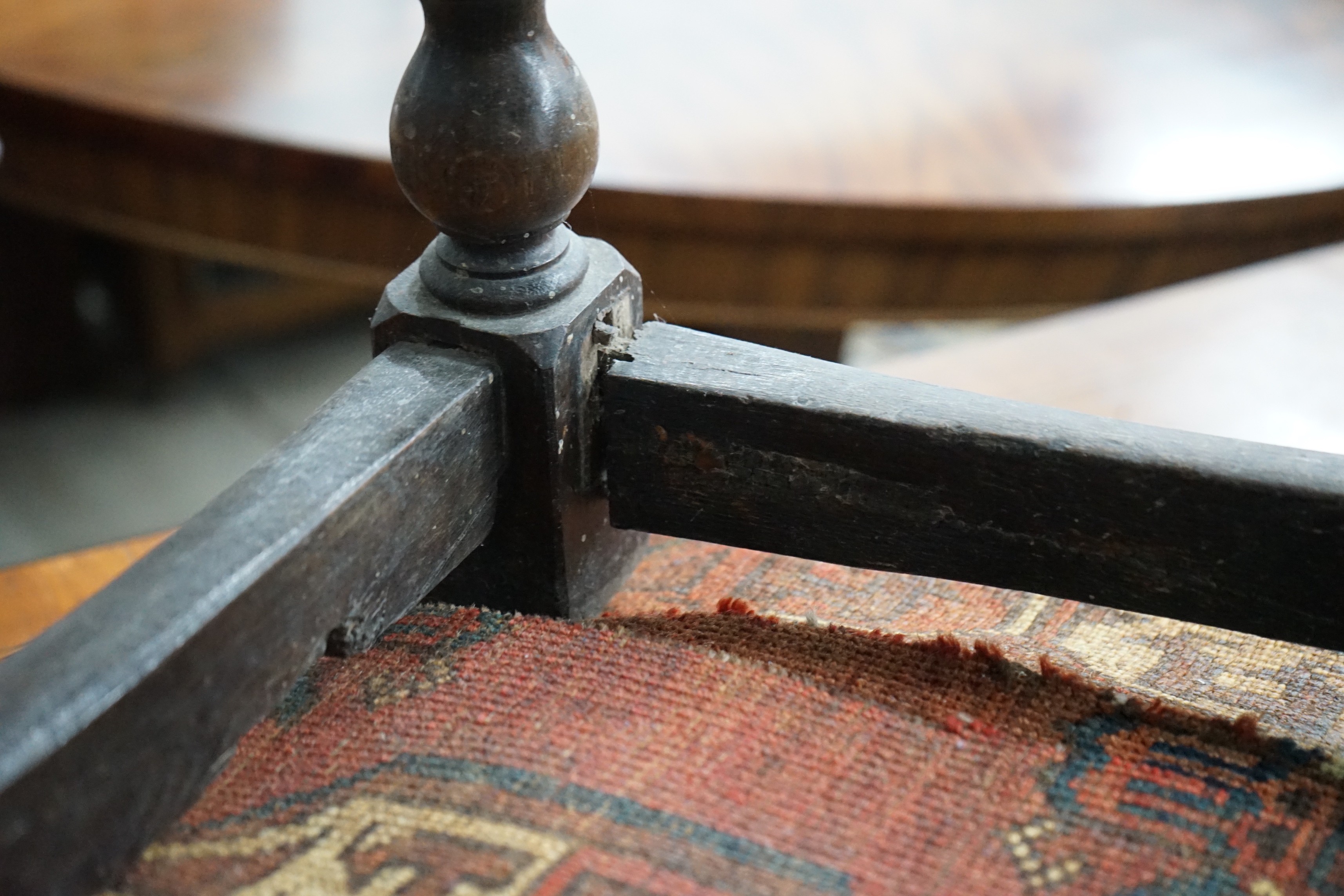 An early 18th century style oak joint stool, width 46cm, depth 30cm, height 38cm and a Victorian butler's tray on stand